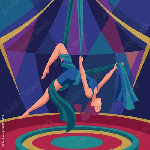 An aerialist gracefully performs on silk ribbons at a colorful circus, embodying the blend of agility, artistry, and enthusiasm found in performance art.