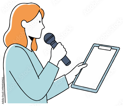 A woman with orange hair speaking into a microphone while holding a clipboard against a plain white background in profile view.