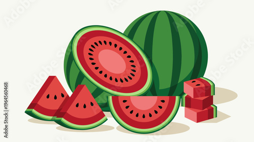 A vibrant artistic representation of sliced watermelon, showcasing its juicy red interior and green rind, ideal for summer themes and food-related designs, featuring playful angles.