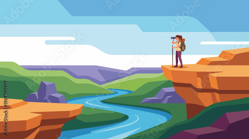 This illustration captures a scenic hiking adventure, showcasing a couple enjoying a breathtaking view from a cliff, representing exploration, nature, and shared experiences.