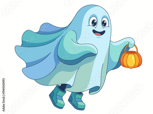 A playful ghost character joyfully holding a pumpkin bucket, embodying Halloween spirit with a cheerful disposition, ideal for festive and seasonal celebrations.