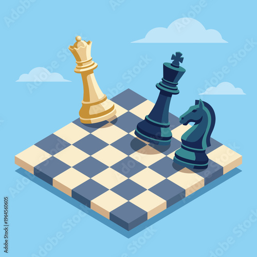 A colorful isometric illustration of a chessboard featuring a white king, a black king, and a black knight, emphasizing the strategic concept of chess.