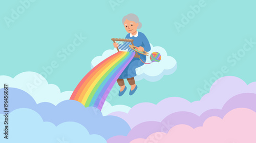 A playful illustration of a grandmother weaving rainbows from clouds, symbolizing creativity, imagination, and joy, evoking a sense of wonder and nostalgia in a delightful manner.