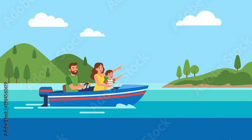 A joyful family sets out on an exciting boat trip, capturing the essence of adventure and togetherness while exploring serene waters and scenic views around them.