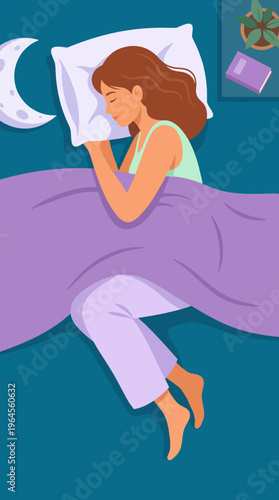 A relaxed young woman peacefully sleeps under a cozy blanket in a serene bedroom, surrounded by calming colors and soft lighting, embodying tranquility and restful nights.