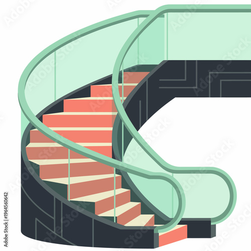 A beautiful spiral staircase featuring a smooth glass railing and vibrant colored steps that offer a modern and elegant touch to any interior space.