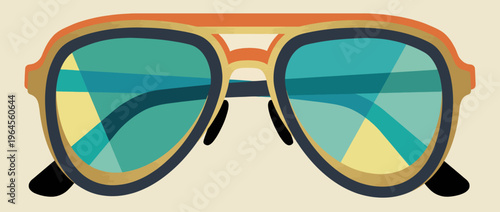 This illustration showcases a pair of stylish sunglasses featuring vibrant, reflective lenses and a unique design, emphasizing individuality and summer vibes.