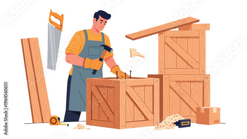 Crafting Excellence: A skilled carpenter meticulously crafts wooden boxes in his workshop, his focus evident as he hammers a nail, surrounded by tools.