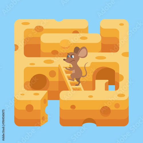 This amusing illustration features a cute mouse navigating through a whimsical cheese maze, evoking playful imagination and the allure of adventure in a cartoonish style.