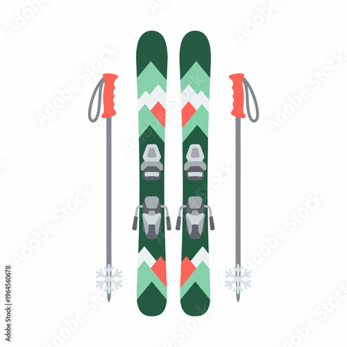 A pair of stylish skis and poles await adventure in the snowy mountains, representing the excitement and thrill of winter sports while emphasizing the beauty of the snowy landscape.