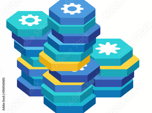 This image features a vibrant stack of hexagonal blocks with gears, representing technology, innovation, and creative problem-solving in a visually engaging way.