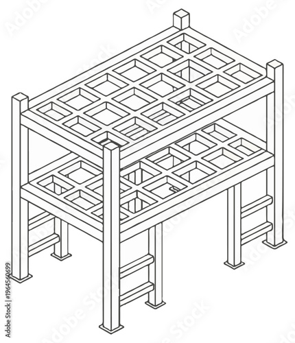 A black and white isometric line illustration of a double tiered industrial storage rack with a grid shelf design on a plain white background.