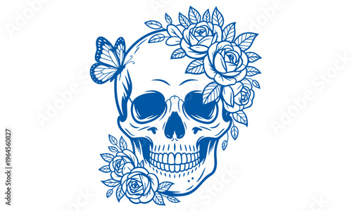 Vector Illustration of a Skull with Flowers and Butterfly