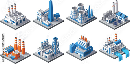 Isometric industrial factories, power plants, chemical facilities, oil refineries, water treatment, cooling towers, pipelines, solar panels, modern infrastructure, flavector