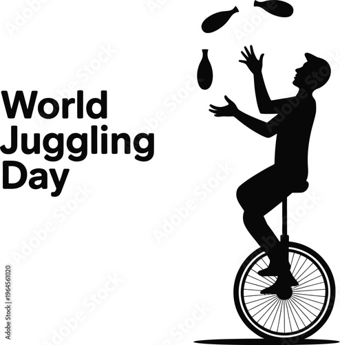 Black silhouette juggler on unicycle with juggling pins and balls