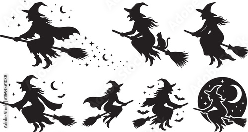 Witch Silhouette Black and White Vector Flying Witch on Broomstick Halloween Clipart Illustration