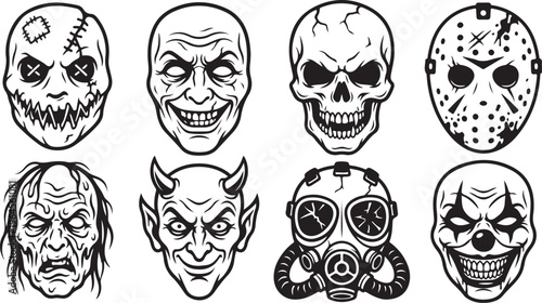 Horror Masks Set Black and White Vector Halloween Scary Face Collection Line Art Illustration
