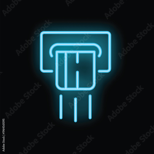 Blue neon icon of a credit card being inserted into an atm