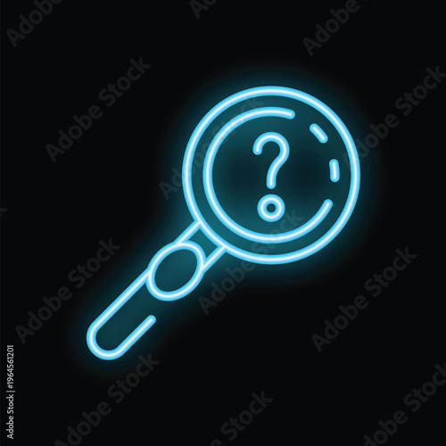Neon magnifying glass searching for answers on black background