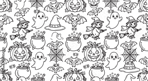 Seamless Halloween Pattern Black and White Vector Skull Bat Pumpkin Line Art