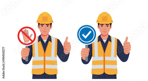 Two construction workers in safety gear holding stop and check mark signs while giving a thumbs up against a beige background.