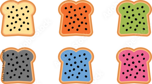 Set of six colorful toast bread icons with black seeds or poppy toppings in vibrant and pastel colors.