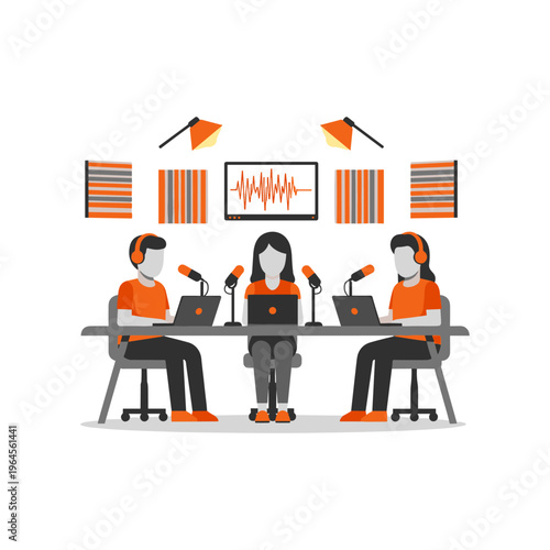 Three people recording audio content in professional podcast studio with sound wave display.