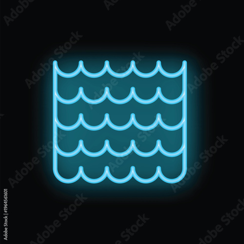 Neon sign showing stylized water waves glowing blue against a black background