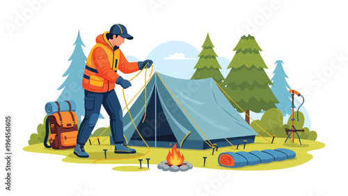 Camping Adventure: A determined individual diligently sets up a tent in the heart of nature.