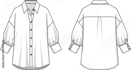 CAD drawing flat vector illustration of a women’s oversized button down shirt featuring puff sleeves, drop shoulders, and front back views