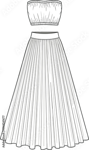 Technical CAD Drawing Flat Vector Illustration of Women Two Piece Set Featuring Strapless Tube Crop Top and Pleated Maxi Skirt