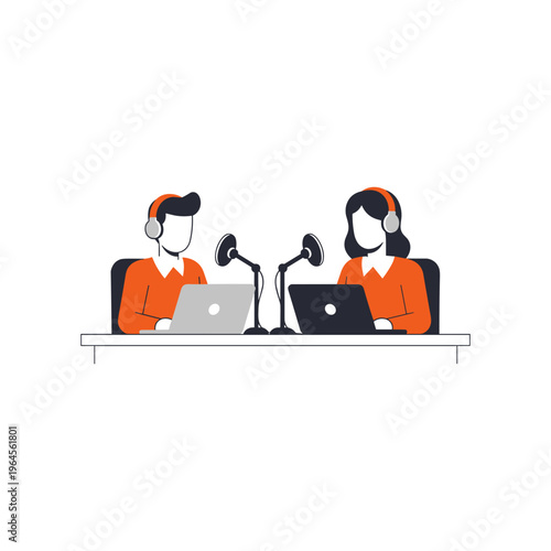 Podcast hosts broadcasting live conversation with microphones and laptops.
