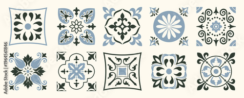 Set of 10 tiles azulejios. Mediterranean tile, colorful seamless patterns. Spanish, Sicilian, Portuguese, Italian traditional ornaments. Set of floral mosaic designs with ethnic motifs. vector