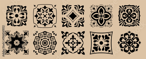 Set of Majolica tiles, black and brown azulejo, original traditional Portuguese and Spain decor. Seamless border with Victorian motifs. Vector illustration.
