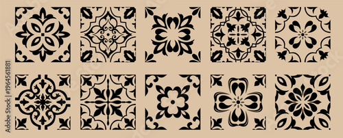 Set of Majolica tiles, black and brown azulejo, original traditional Portuguese and Spain decor. Seamless border with Victorian motifs. Vector illustration.