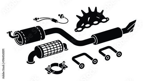 Automotive car exhaust system details and elements in black isolated on transparent background