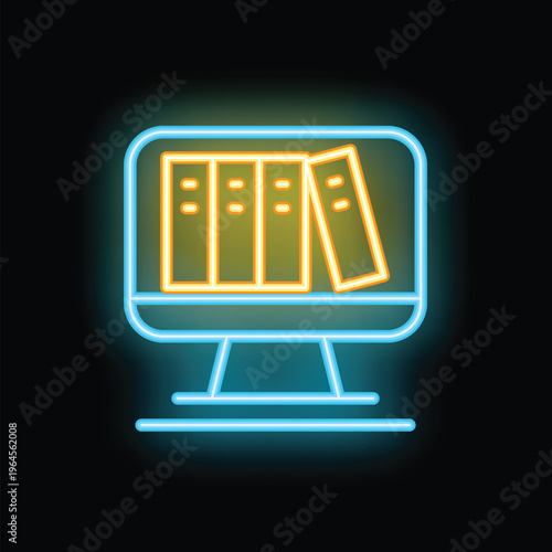 Neon sign depicting a computer monitor showcasing a collection of digital books, symbolizing online learning or digital library