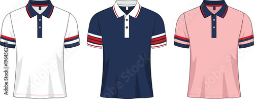 Set of three men's polo shirts technical fashion sketches in various colors, cad drawing flat vector illustration of casual sportswear.