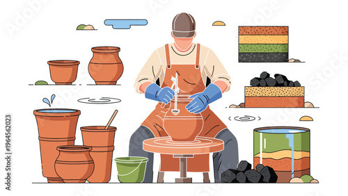 Artisan Craft: A skilled artisan, absorbed in the art of pottery, expertly shapes a clay vessel on a spinning wheel, surrounded by the tools and products of his craft.
