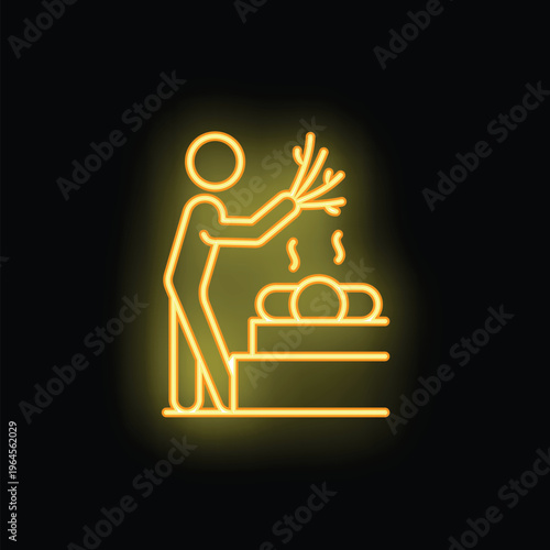 Neon style icon of a person adding water to a sauna stove with branches