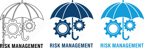 Risk management concepts with umbrellas and gears