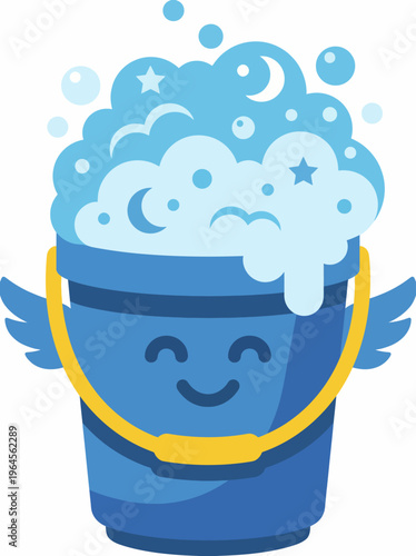 A playful and colorful illustration of a happy bucket filled with foamy bubbles, evoking feelings of joy and cleanliness, perfect for children's products or cleaning themes.