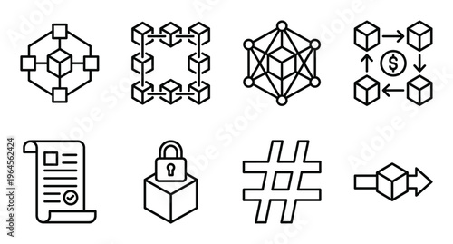 Blockchain network and smart contract vector line icons set. digital finance technology