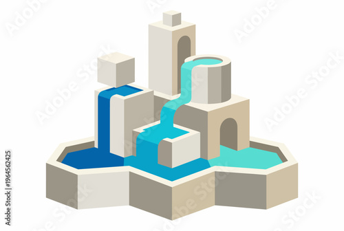 An innovative illustration of a modern geometric water fountain. It serves as a symbol of creativity, design, and tranquility in urban architecture.