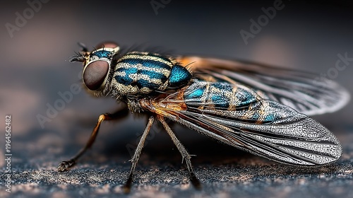 Macro Close-Up of Vibrant Striped Fly with Detailed Compound Eyes, Intricate Wing Texture on Textured Surface, Dark Blurred Background for Entomology and Nature Education