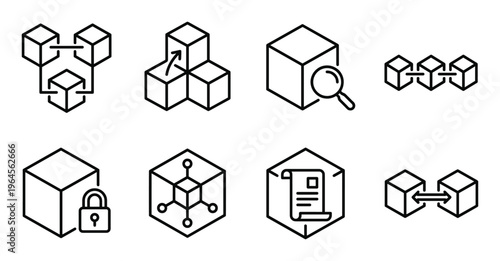 Blockchain technology line icon set for cryptocurrency distribution and secure data network systems