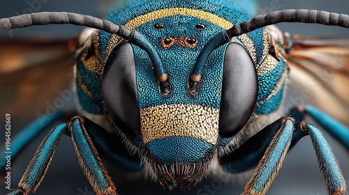 Blue Cuckoo Wasp Extreme Macro Close-Up, Detailed Textured Exoskeleton, Entomology Wildlife Shot, Vibrant Insect Head Portrait for Nature Education, Scientific Research, Design Resources