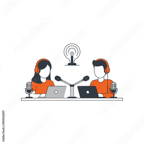 Radio host couple broadcasting live from home studio with professional equipment and antenna.