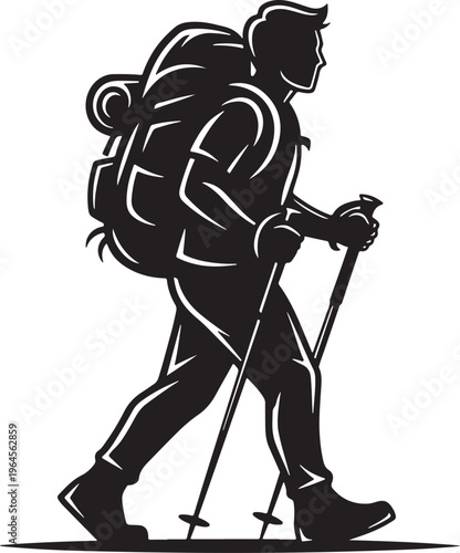 Hiker silhouette, trekking vector, backpacker icon, walking man