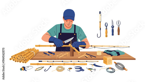 Crafting the Angler's Rod: An artisan meticulously crafts a fishing rod, skillfully shaping the bamboo and assembling the tools of the trade. The scene depicts the art of angling.